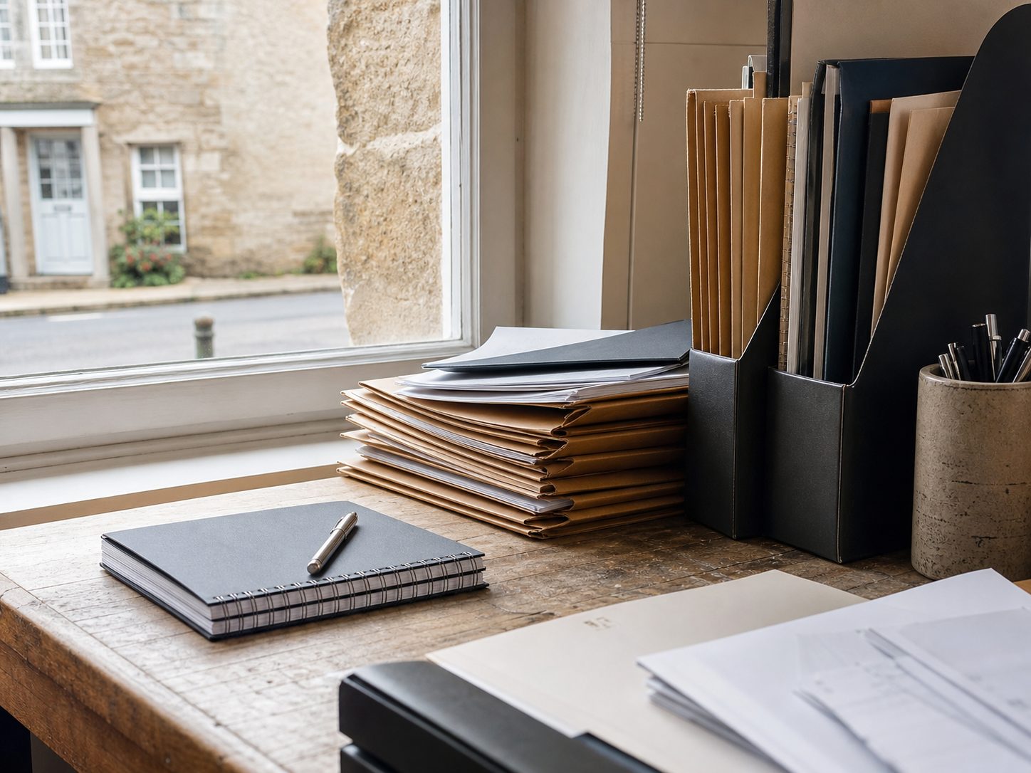 Organised business paperwork beside a window in natural daylight